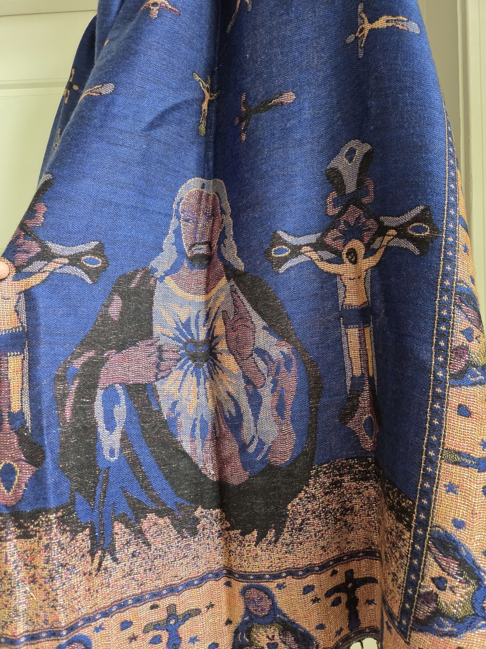 Religous Blue Pashmina & Silk Shawl, Scarf with Gold Trim - Picture 3 of 8